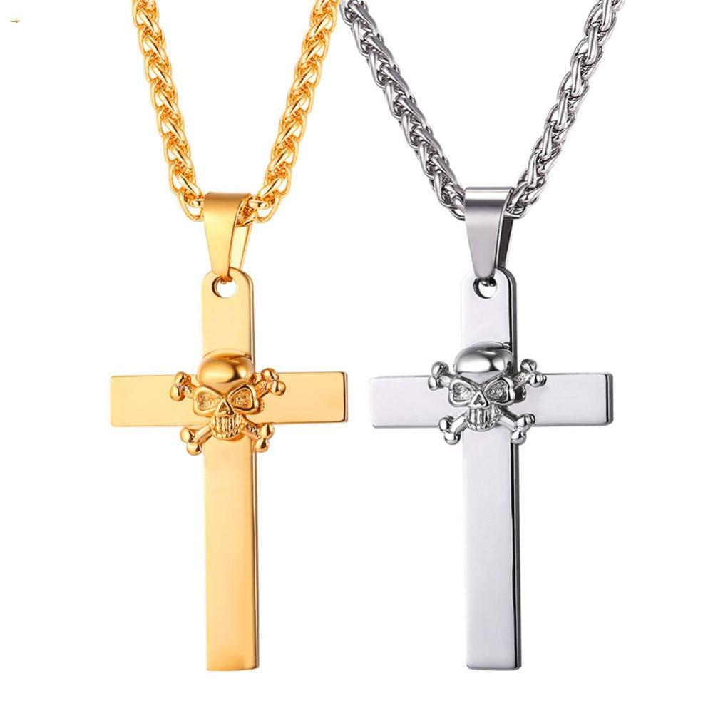 Stainless Steel Skeleton Pirate Cross Pendant & Chain Necklace