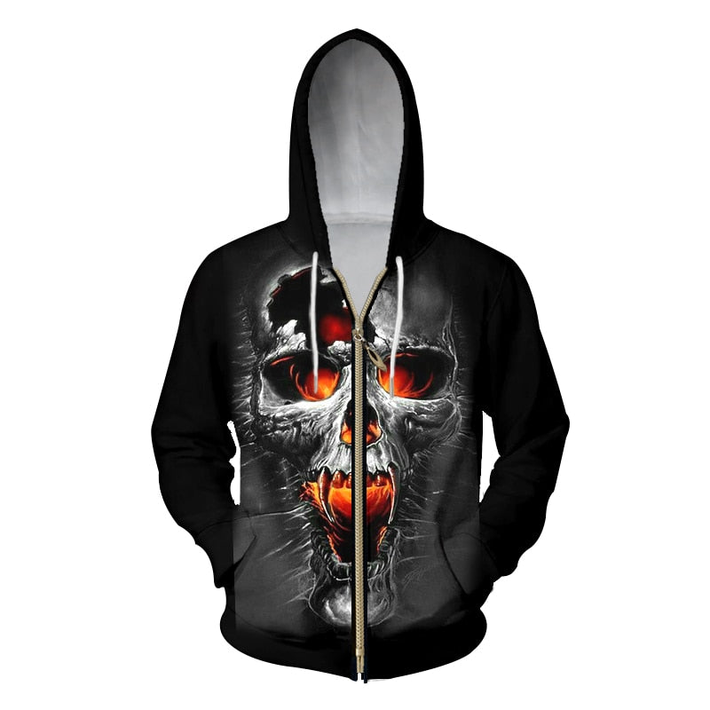 Zipper Hoodies Skull Printed Sweatshirt Hoody