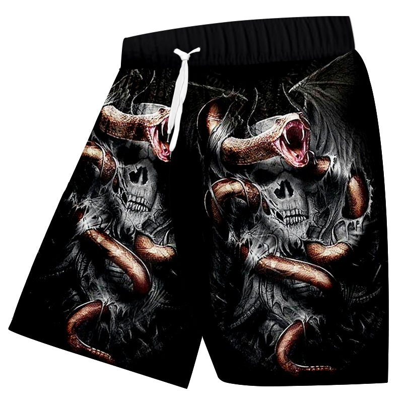 Polyester Casual Shorts Men Summer Cool Print Snake Skull 3D Beach Board Shorts Man High Waist Elastic Boxers Trousers 5XL