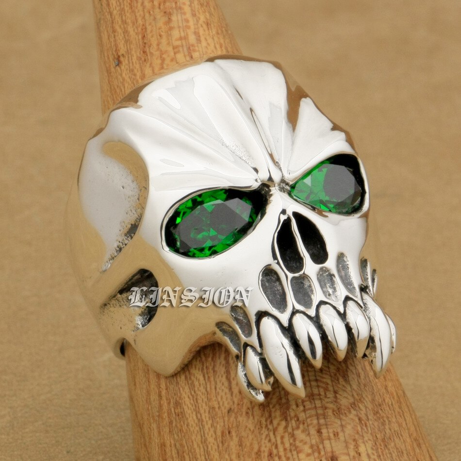 US Size 8~15 Huge Heavy 925 Sterling Silver Green CZ Eyes Skull Mens Biker Rock Punk Ring