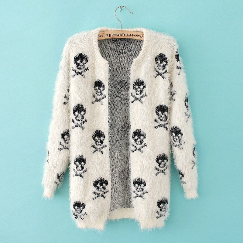 Women Cardigans Sweater Skull Pattern Female Mohair Knitted Cardigans Black White Autumn Cardigans Sweater For Women