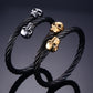 Men's Double Skull Head Cuff Bangle Bracelet Punk Black Twisted Wire Cable Skeleton Stainless Steel Jewelry