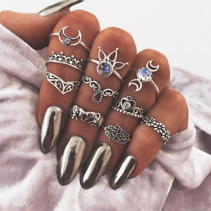 Vintage 10pcs/set Knuckle Rings Bohemian Carved Hollow Out Crystal Lotus Elephant Rings for Women Party Midi Ring Jewelry Gift