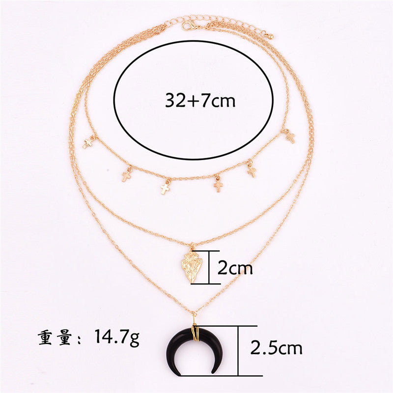 Vintage Gold Color Multilayer Cross Choker Necklace for Women Bohemian Heart Arrow Moon Pendant Necklace Collar Jewelry Gift