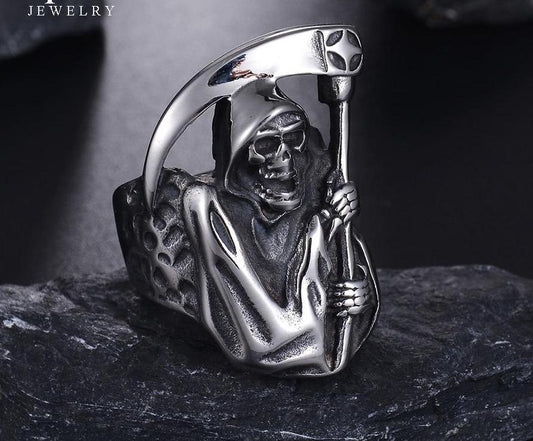 Vintage Punk Style Grim Reaper Skull Ring Stainless Steel