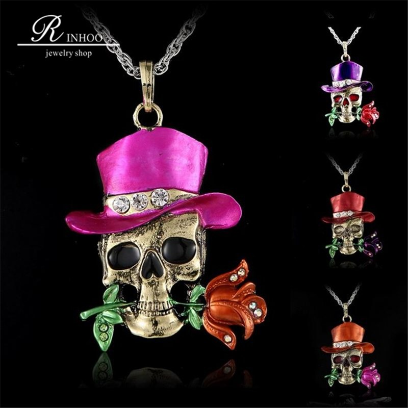 Vintage Skeleton Skull halloween necklace Pendant Fashion Halloween Jewelry wholesale dominant charms Flower Necklace for women