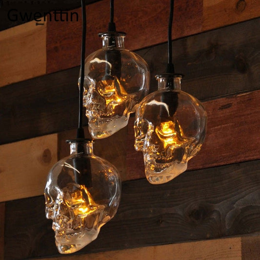 Vintage Skull Pendant Lights Glass Bottle Led Hanging Lamp for Living Room Loft Industrial Home Decor Lighting Fixture