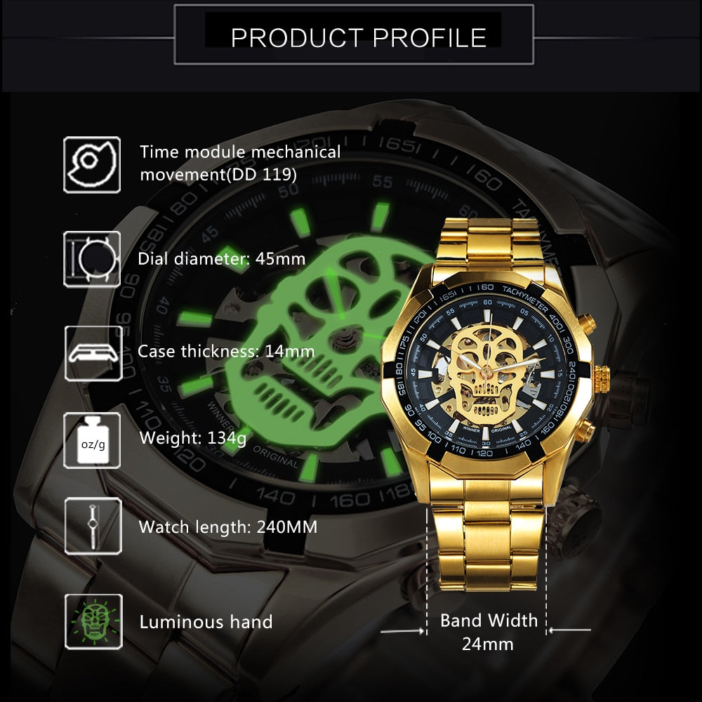 New Fashion Mechanical Watch Men Skull Design Top Brand Luxury Golden Stainless Steel Strap Skeleton Man Auto Wrist Watch