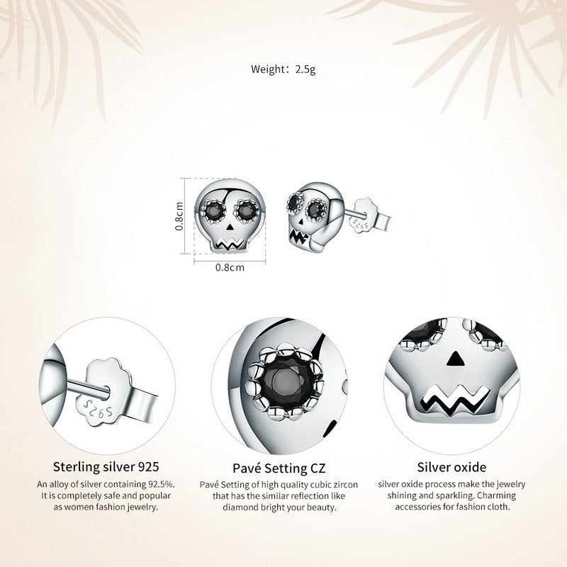 100% 925 Sterling Silver Halloween Skeleton Skull Stud Earring For Women Girl Jewelry Gift CQE064