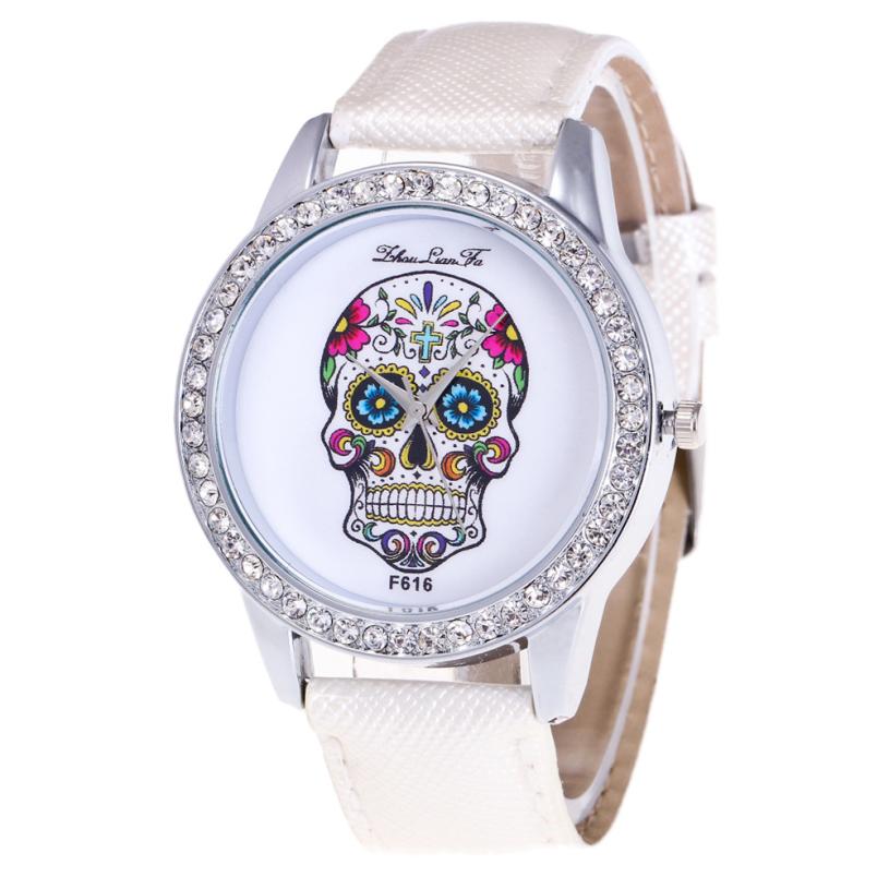 Diamond Leather Analog Wrist Skull Head Watch