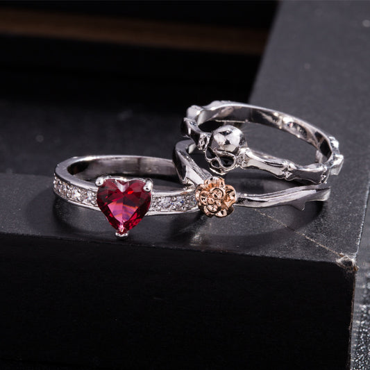 Wedding Love Gift Skull Heart CZ Crystal Rose Flowers Ring Set Silver Color Rings