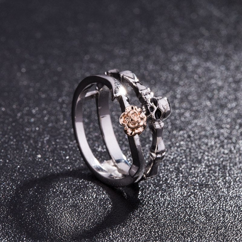 Wedding Love Gift Skull Heart CZ Crystal Rose Flowers Ring Set Silver Color Rings