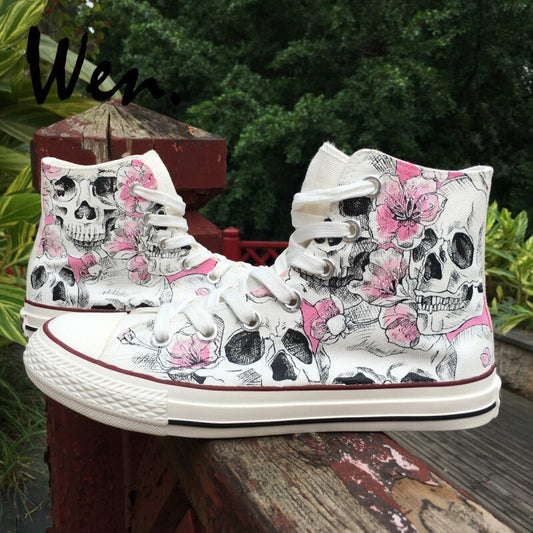 Sketch Skulls Pink Flowers Floral Unisex Adult Canvas Sneakers Hand Painted