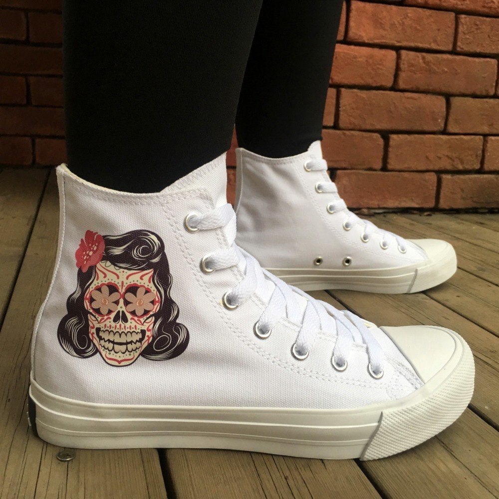 Original Design Skull Series Shoes Tattoo Totem Red Rose Flower Women Men's Casual Canvas Sneakers White Black High Tops