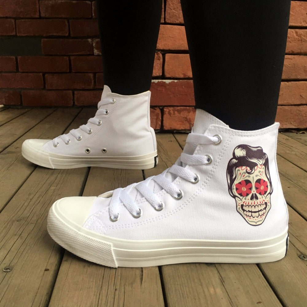 Original Design Skull Series Shoes Tattoo Totem Red Rose Flower Women Men's Casual Canvas Sneakers White Black High Tops