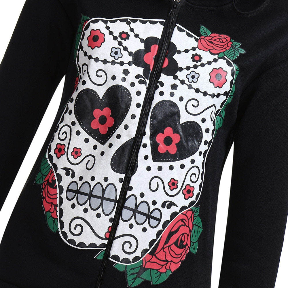 Black Long Zip Sleeve Sweatshirts Female Skull Print Casual Hoodies