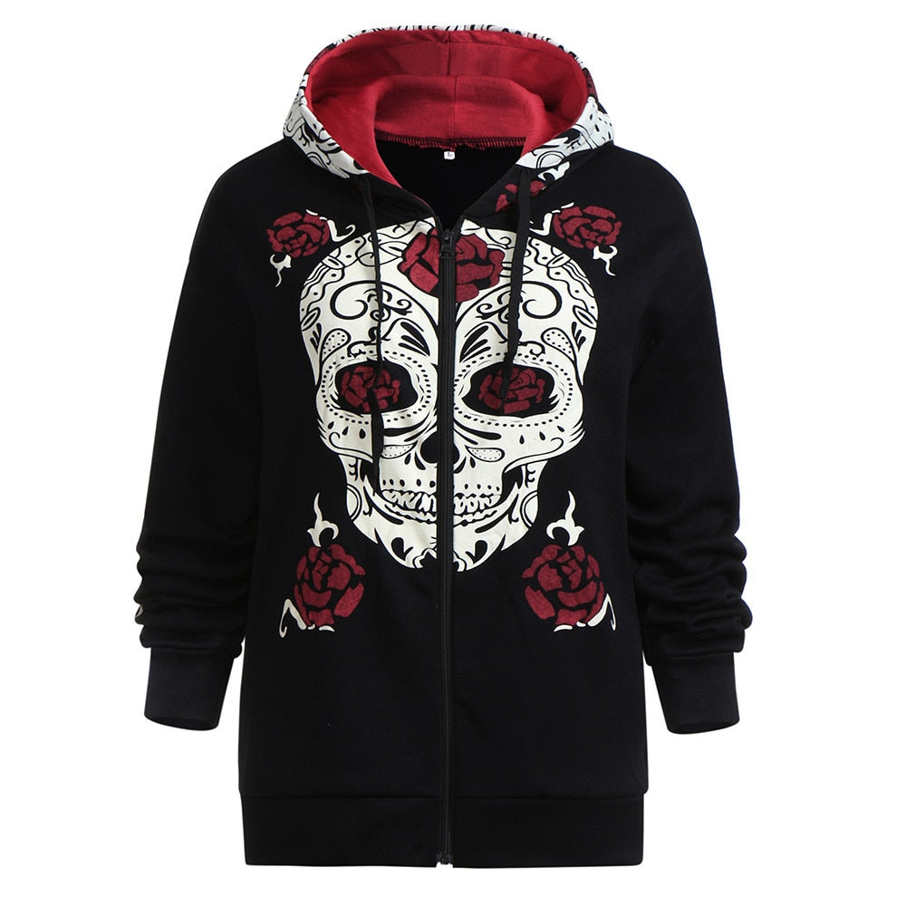 Black Skull Rose Print Casual Hoodies Tracksuits Sueter