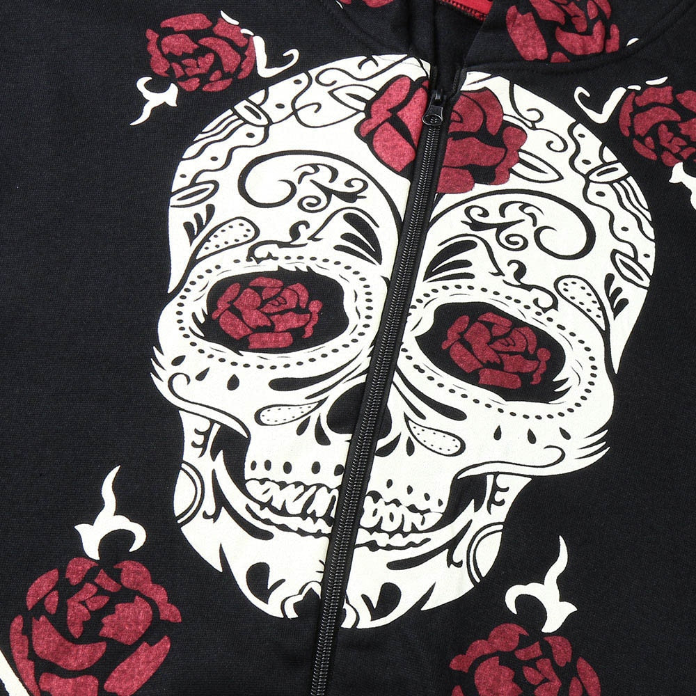 Black Skull Rose Print Casual Hoodies Tracksuits Sueter