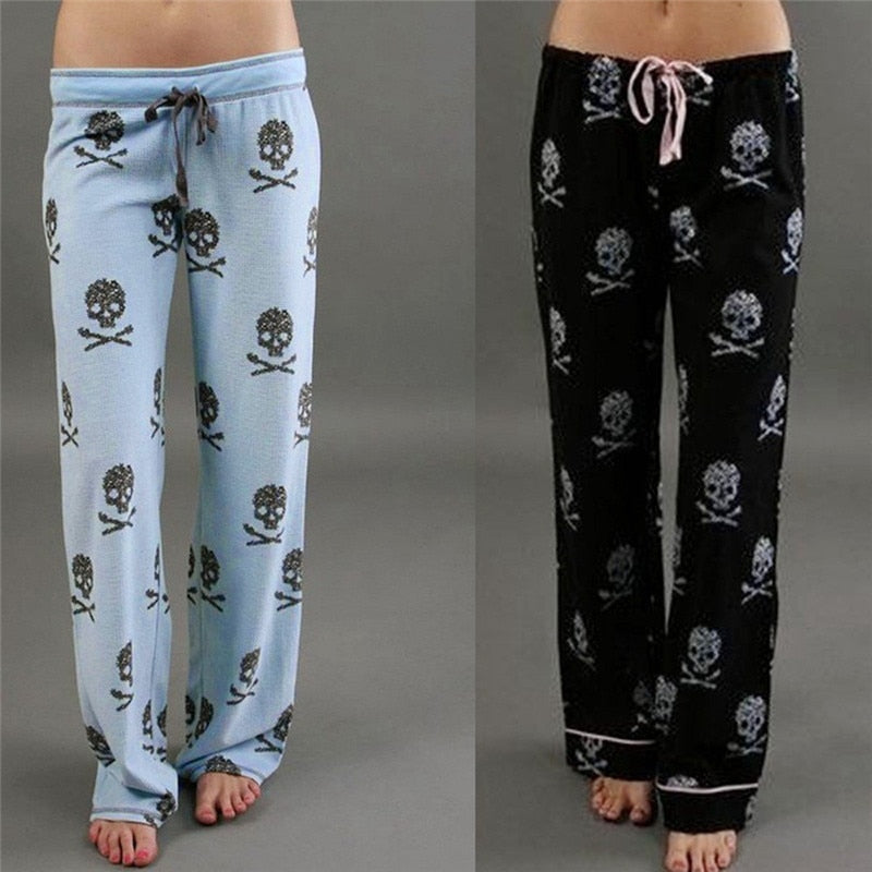 Women Lady Causal Daily High Waist  Skull Print Wide Calf Length Long Leg