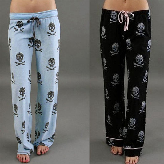 Women Lady Causal Daily High Waist  Skull Print Wide Calf Length Long Leg