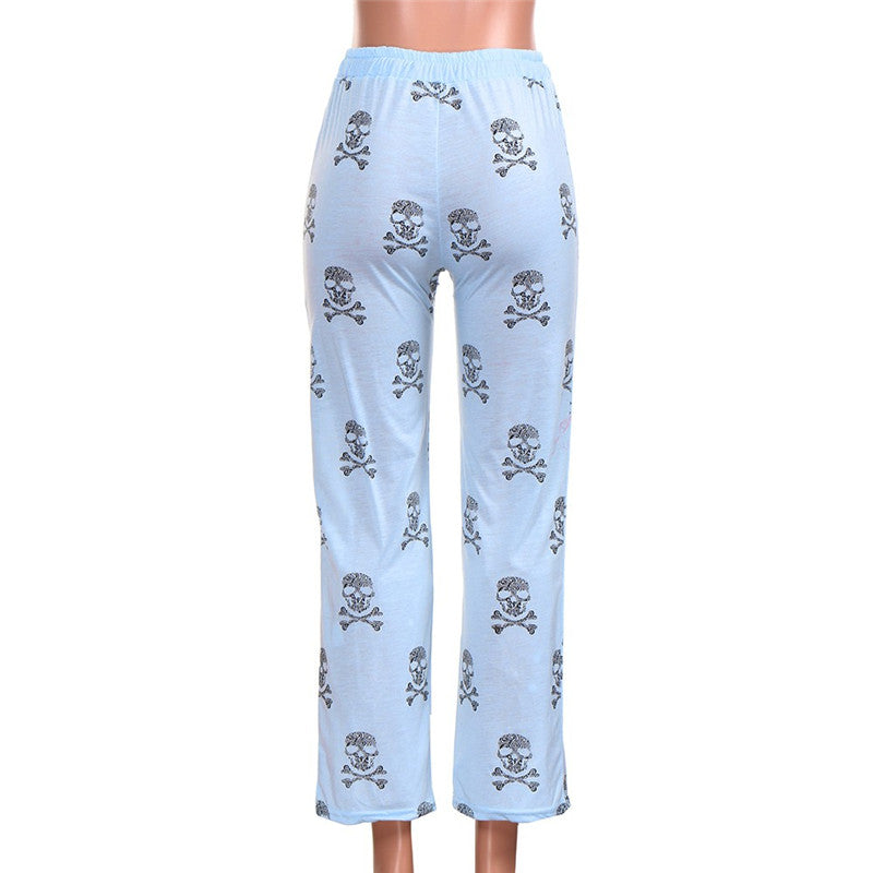 Women Lady Causal Daily High Waist  Skull Print Wide Calf Length Long Leg