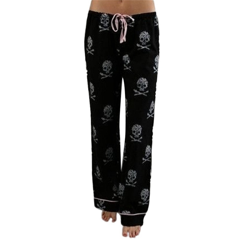 Women Lady Causal Daily High Waist  Skull Print Wide Calf Length Long Leg