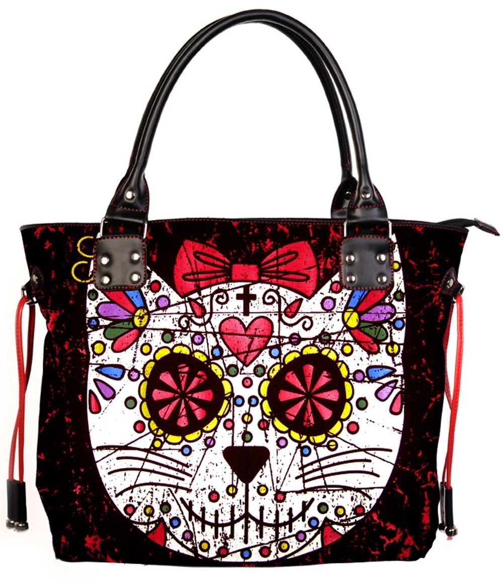 Women Lady Girl Sugar Skull Kitty Cat Candy Handbag School Shoulder Bag Gothic Punk Rockabilly