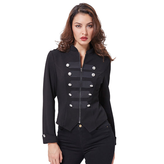 Women Military Jacket Coat Autumn Spring Long Sleeve Button Decor Stand Collar Victorian Gothic Vintage Corset Zipper Sweatshirt