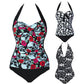 Women Sexy Summer Floral V-neck Halter  Monokini Skull Bikinis Beachwear