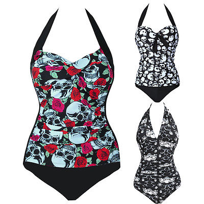 Women Sexy Summer Floral V-neck Halter  Monokini Skull Bikinis Beachwear