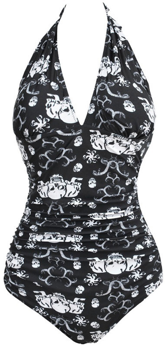 Women Sexy Summer Floral V-neck Halter  Monokini Skull Bikinis Beachwear