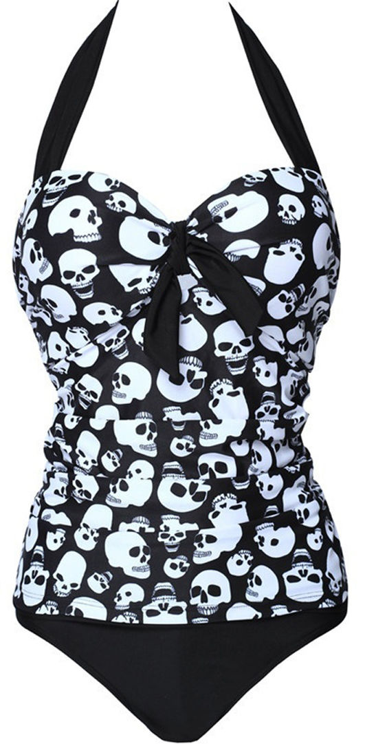 Women Sexy Summer Floral V-neck Halter  Monokini Skull Bikinis Beachwear