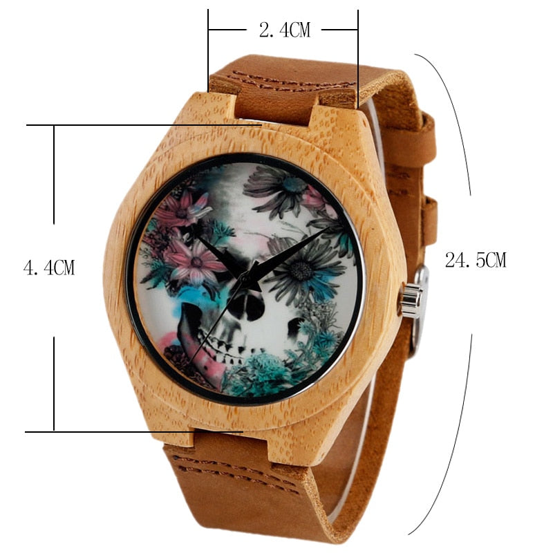 Women Watches Bracelet Bamboo Watch Ladies Cool Design Flower Skull Wooden Handmade Real Leather Band Casual Nature Wood Clock