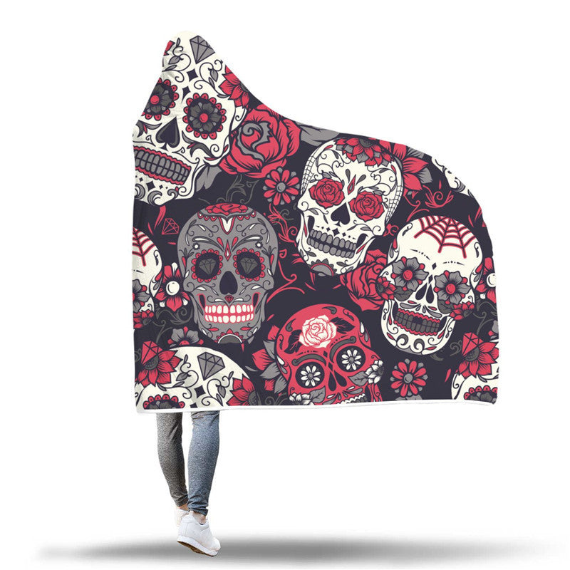 XC USHIO Magic Wearable Hooded Throw Blanket New Fashion Sugar Skull Flower Printed Fleece Fabric Sofa Couch Bed Cover 150*200cm