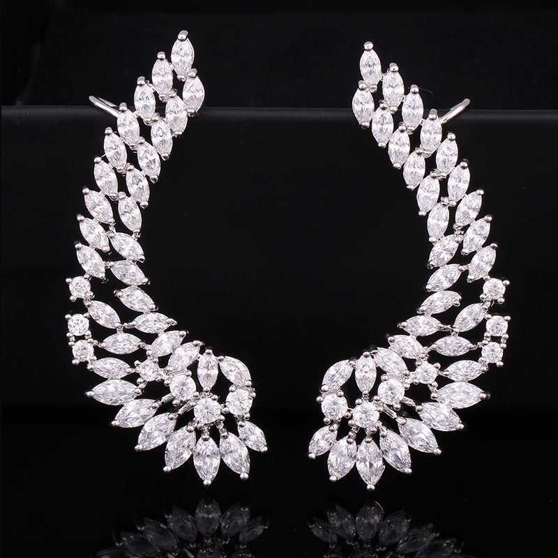 925 Luxury Lady's Silver Post Cubic Zircon Crystal Angel Wing Ear Sweep Wrap Cuff Earrings Climber Earrings