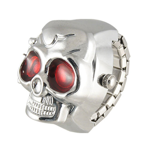 New Practical Red Eyes Skull Design Stretchy Band Quartz Ring Watch for Lady Men
