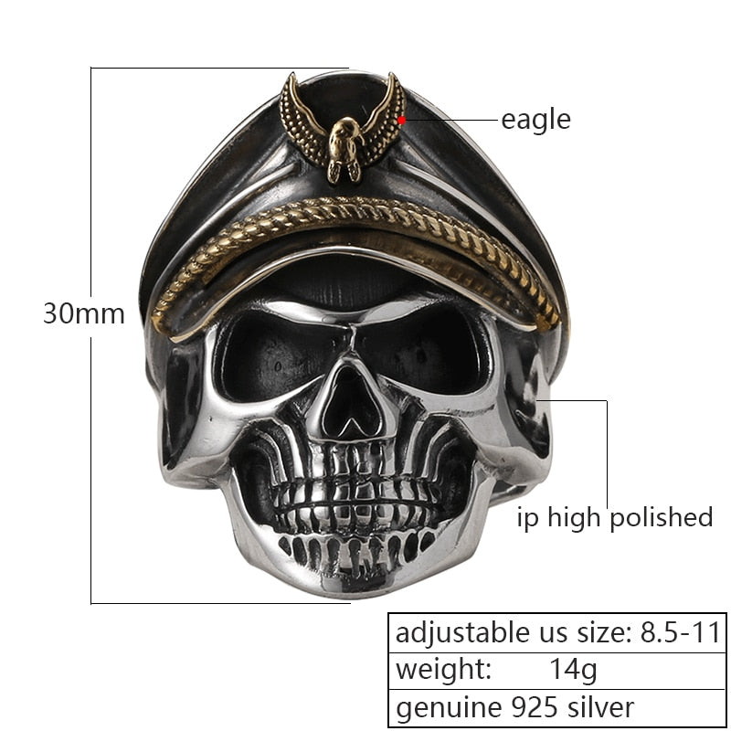 925 Silver World War II Soldier Anniversary Mens Rings Punk Rock Vintage Adjustable Size Skull Ring Biker Men Jewelry