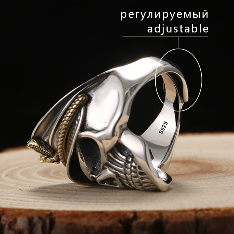 925 Silver World War II Soldier Anniversary Mens Rings Punk Rock Vintage Adjustable Size Skull Ring Biker Men Jewelry