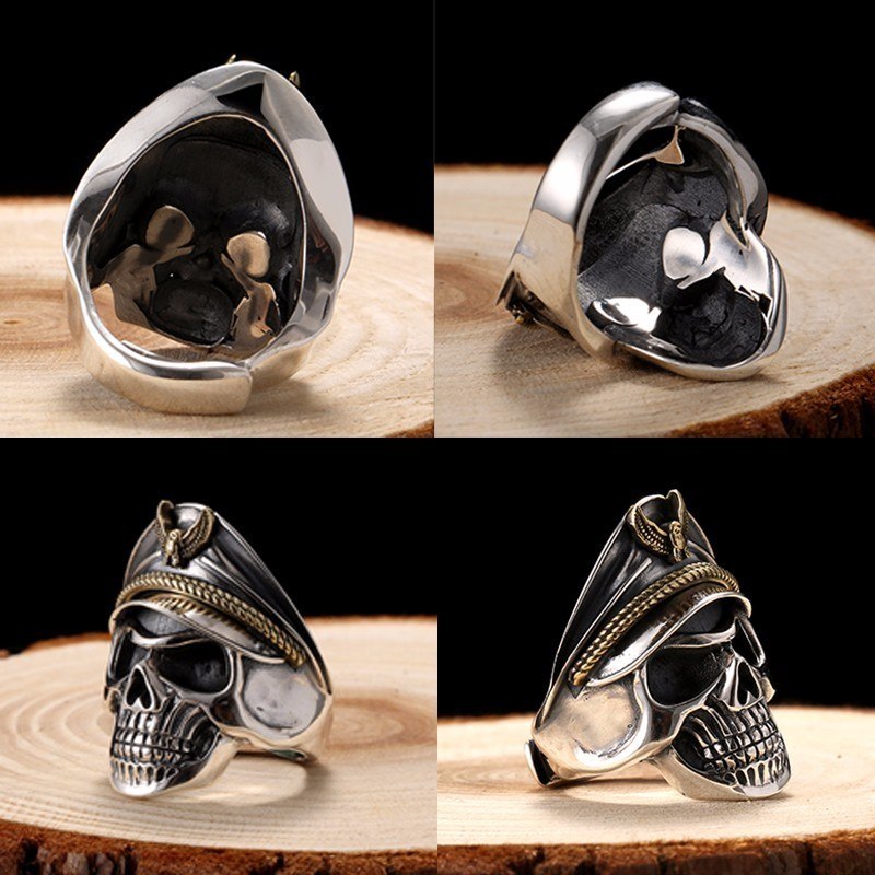 925 Silver World War II Soldier Anniversary Mens Rings Punk Rock Vintage Adjustable Size Skull Ring Biker Men Jewelry