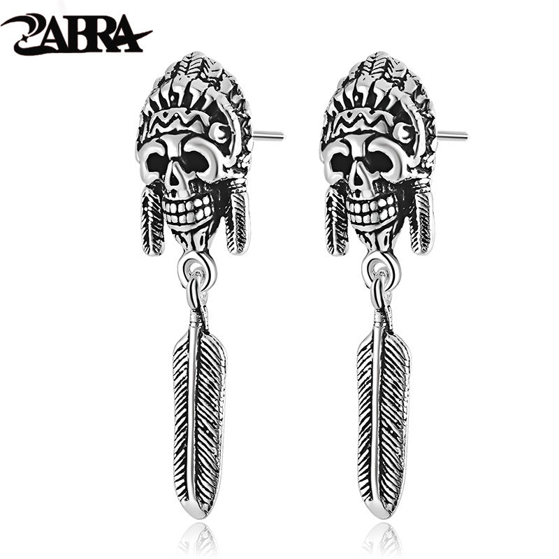 925 Sterling Silver Earrings For Men Indian Vintage Punk Skull Long Stud Silver Mens Earrings Fashion Jewelry