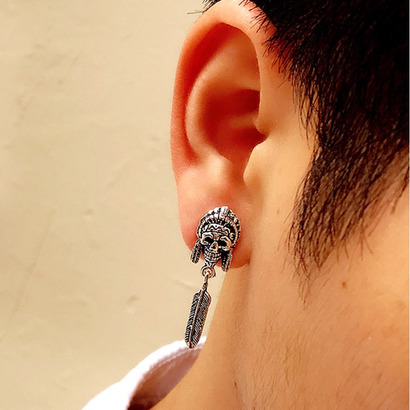 925 Sterling Silver Earrings For Men Indian Vintage Punk Skull Long Stud Silver Mens Earrings Fashion Jewelry