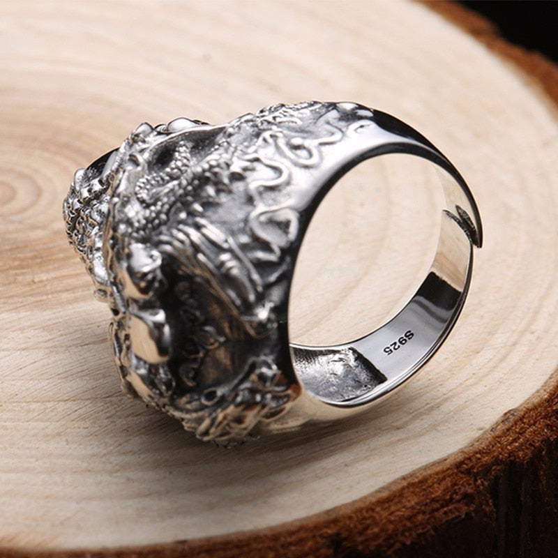 Real 925 Sterling Silver Skull Ring Men Adjustable Dragon Ring Punk Rock Many Skeletons Mens Gothic Halloween Jewelry