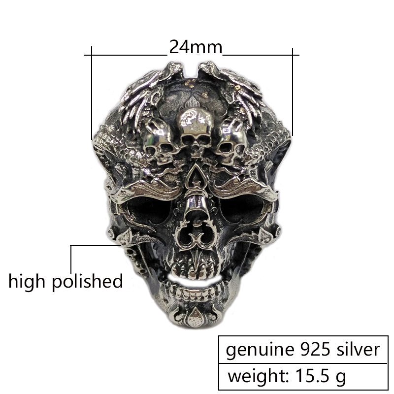 Real 925 Sterling Silver Skull Ring Men Adjustable Dragon Ring Punk Rock Many Skeletons Mens Gothic Halloween Jewelry