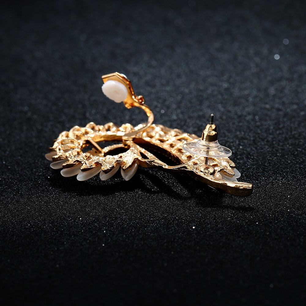 Fashion Left Right Peacock Crystal Ear Cuff Opal Piercing Jewelry Women Best Friend Gift Gold Silver Plated Clip Earrings