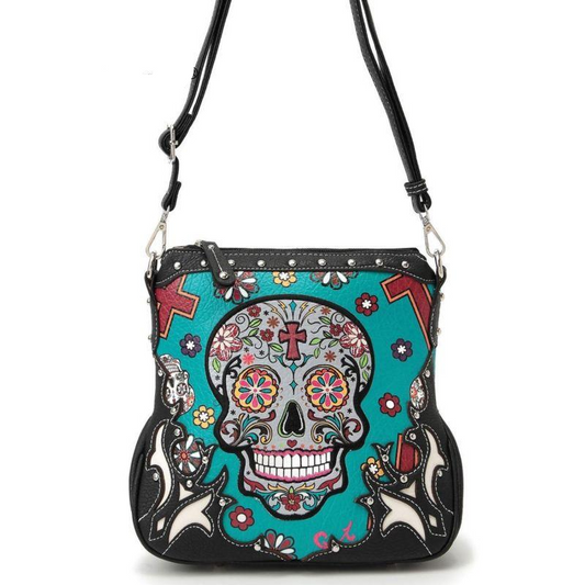 Sugar Skull Messenger Sling Bag Day of the Dead Purse with Concealed Carry