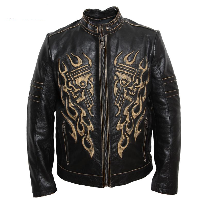 Motorcycle Leather Jacket Men Leather Jacket  Skull Cowhide Black Vintage Genuine Leather Jacket Mens Biker Coat 092