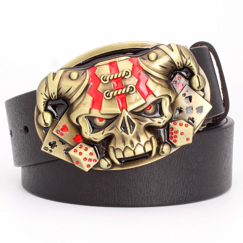 Cool belt for men punk belt golden skull buckle Skull clown pattern cow leather Gambler Skeleton hip hop belt men's gift
