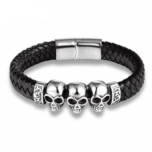 Fashion Braided Leather Bracelets Skull Bracelet Punk Wrap Bracelet Stainless Steel Magnetic Buckle Fashion Bangles