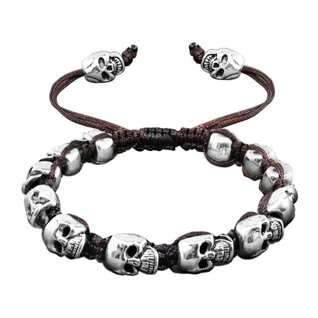 Smile Skull Skeleton Bead Bracelets Strand Vintage Boho Antique Silver Plated Handmade Rope Woven Craft Fashion Jewelry
