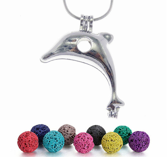 Dragon Skull Angel Horse Dolphin Bear Mermaid Shape Trendy Necklace With 6PCS Lava Rock Beads Velvet Bag Cute Jewelry